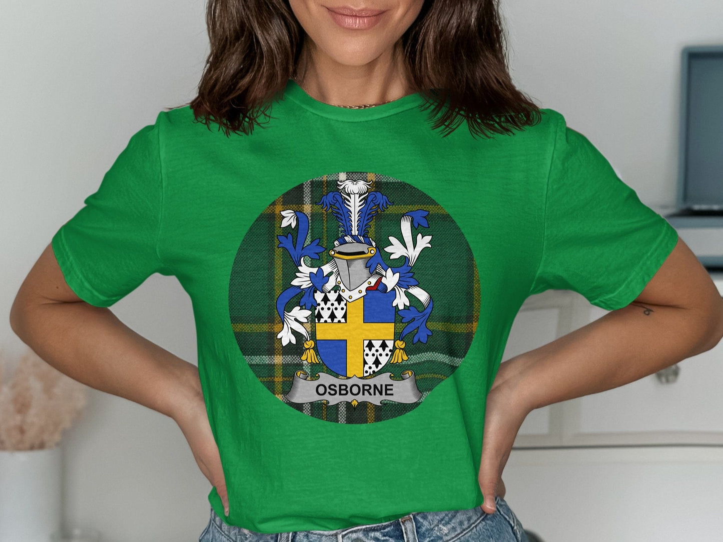 Physical Item Osborne Irish Surname Coat of Arms on Tartan Background T-Shirt