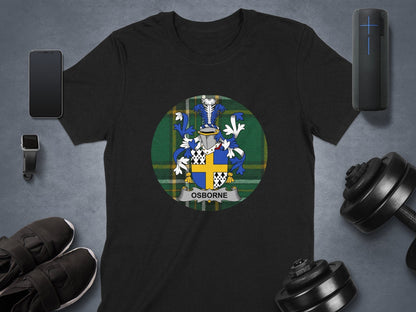 Physical Item Osborne Irish Surname Coat of Arms on Tartan Background T-Shirt