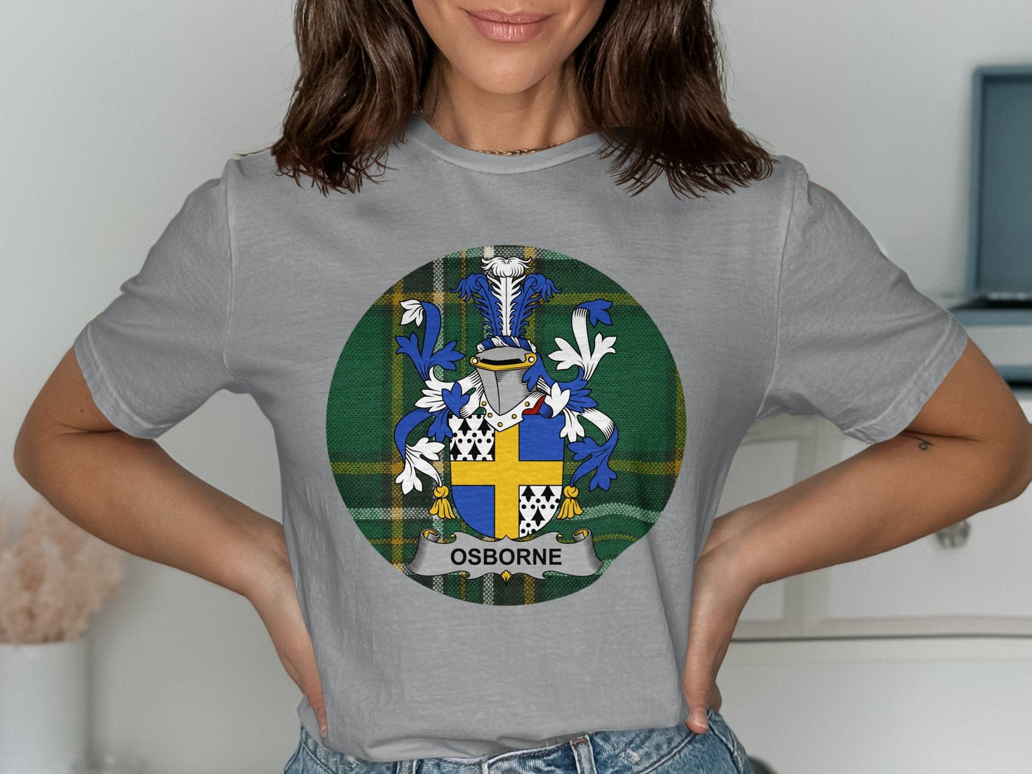 Physical Item Osborne Irish Surname Coat of Arms on Tartan Background T-Shirt