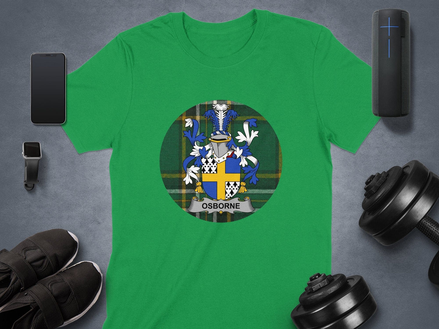 Physical Item Osborne Irish Surname Coat of Arms on Tartan Background T-Shirt