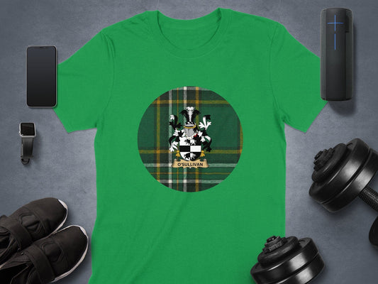 Physical Item OSullivan Coat of Arms on Irish National Tartan T-Shirt