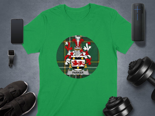 Physical Item Parker Irish Coat of Arms Tartan Background T-Shirt