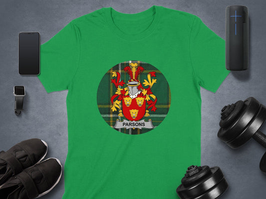 Physical Item Parsons Coat of Arms on Irish National Tartan Background T-Shirt