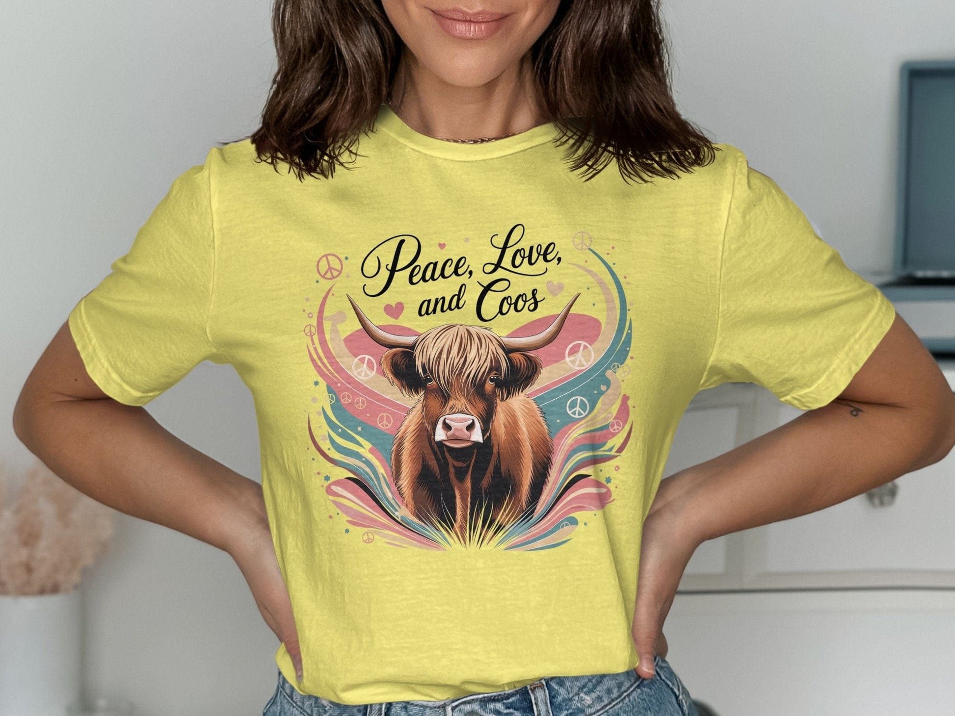 Physical Item Peace Love and Coos Highland Cow T-Shirts