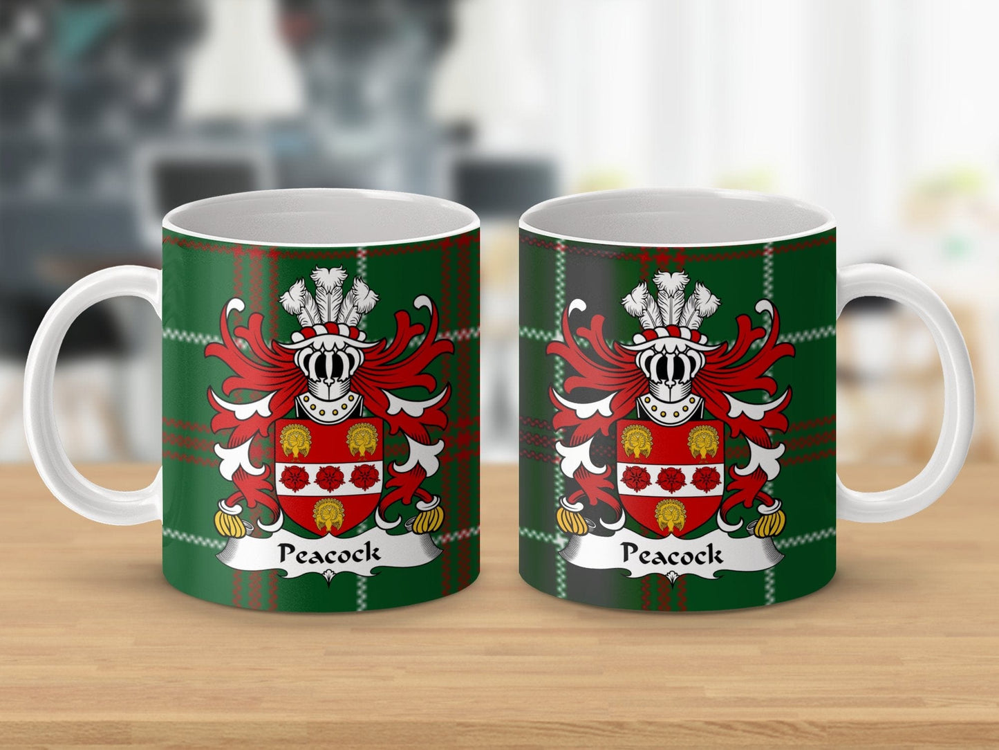 Physical Item Peacock Surname Coat of Arms on Welsh Tartan Mug