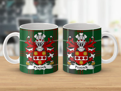 Physical Item Peacock Surname Coat of Arms on Welsh Tartan Mug