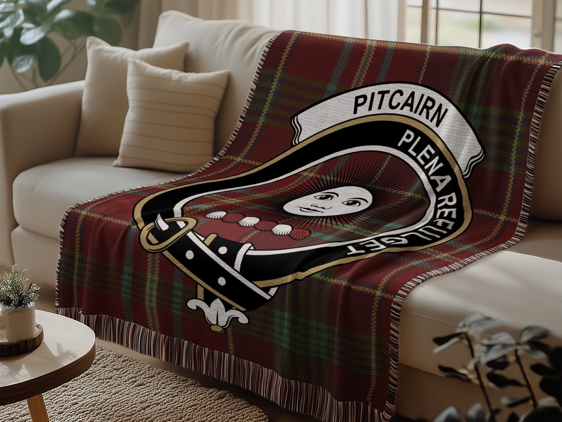 Physical Item Pitcairn Clan Scottish Tartan Crest Woven Blanket