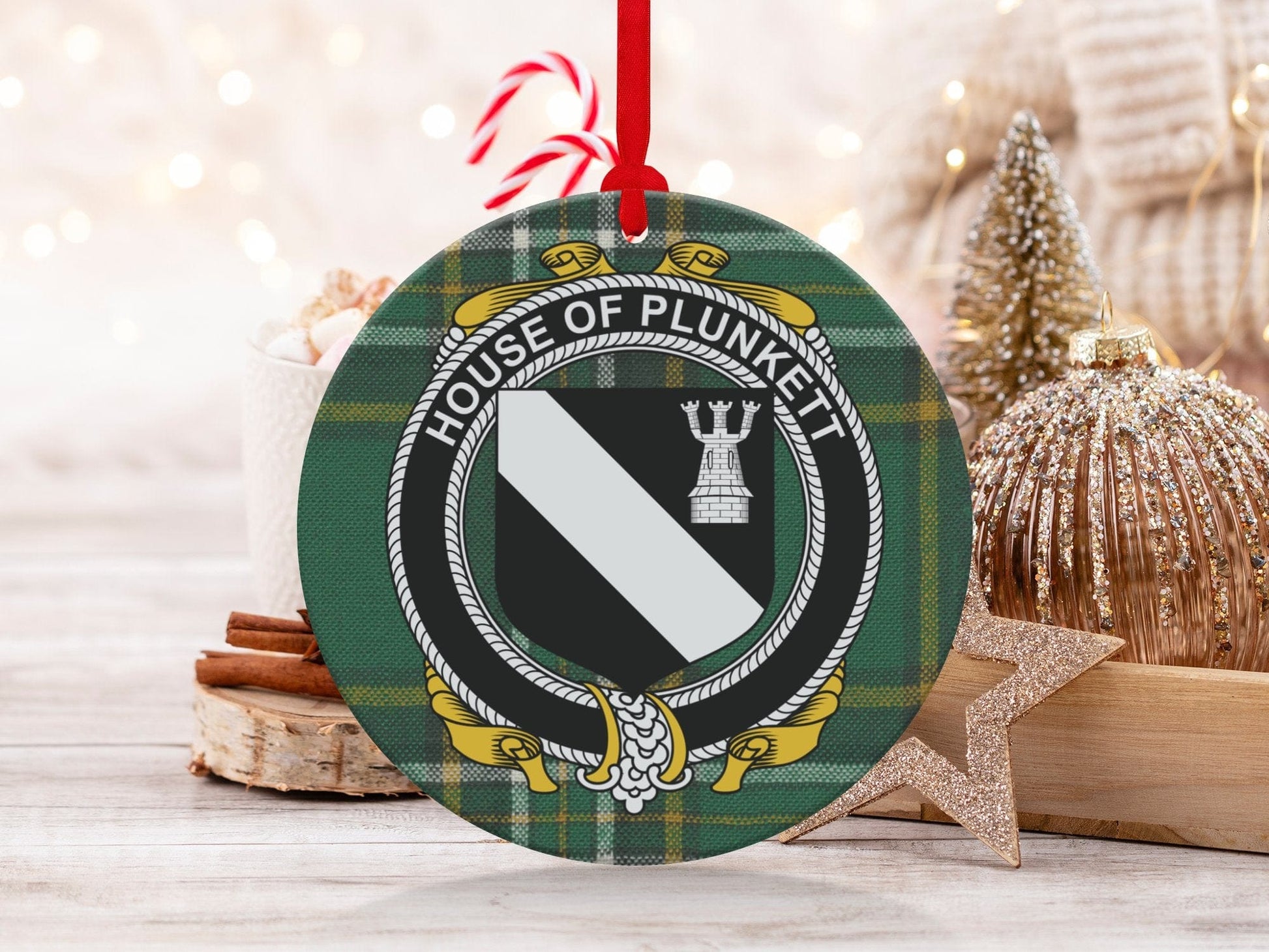 Physical Item Plunkett Crest Irish surname tartan christmas ornament Ornaments