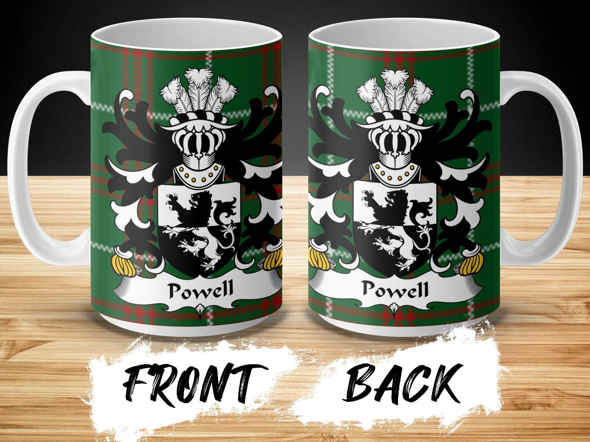 Physical Item Powell Coat of Arms on Welsh National Tartan Background Mug