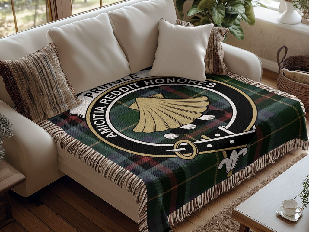Pringle Clan Crest Tartan Scottish Woven Blanket - Celtic Ancestry Gifts