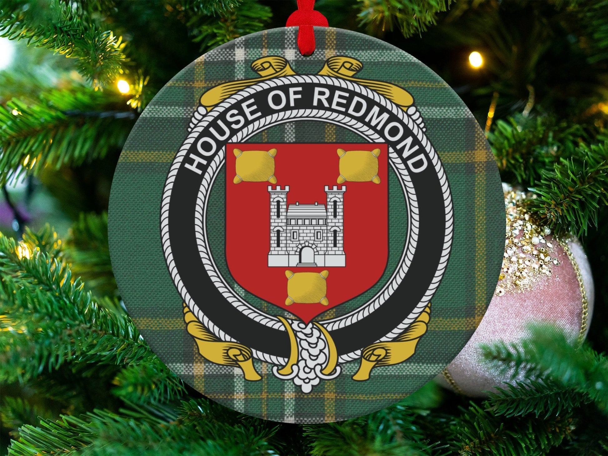 Physical Item Redmond Crest Irish surname tartan christmas Ornaments