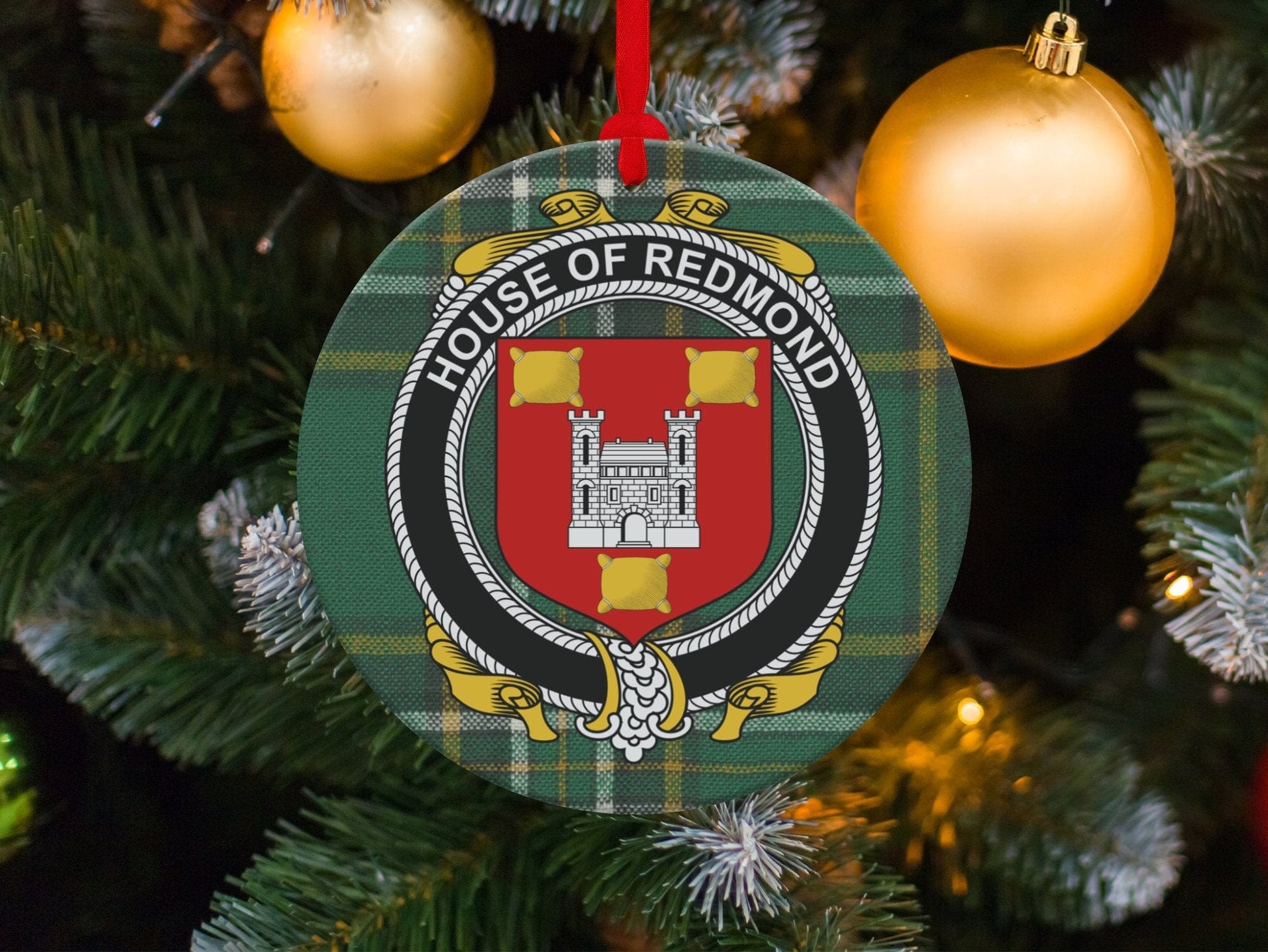 Physical Item Redmond Crest Irish surname tartan christmas Ornaments