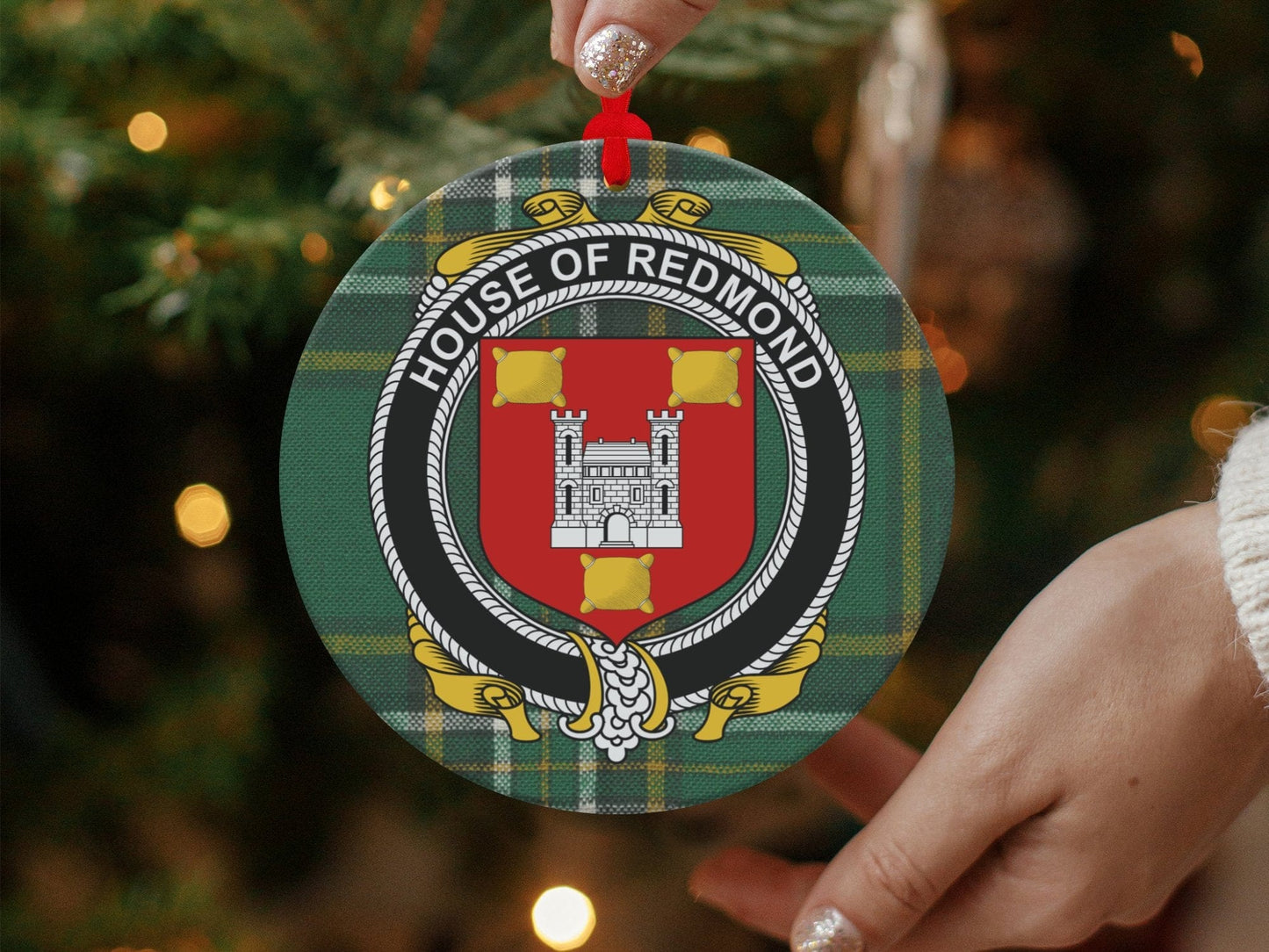 Physical Item Redmond Crest Irish surname tartan christmas Ornaments