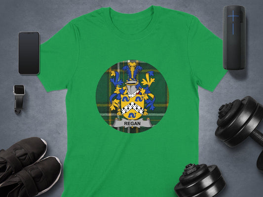 Physical Item Regan Coat of Arms on Irish National Tartan Background T-Shirt