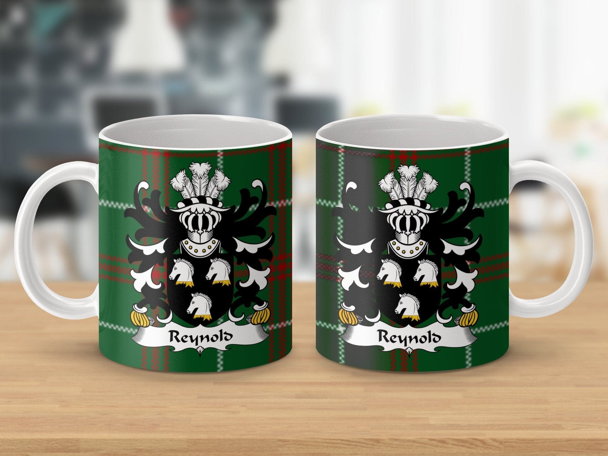 Physical Item Reynold Coat of Arms on Welsh Tartan Background Mug