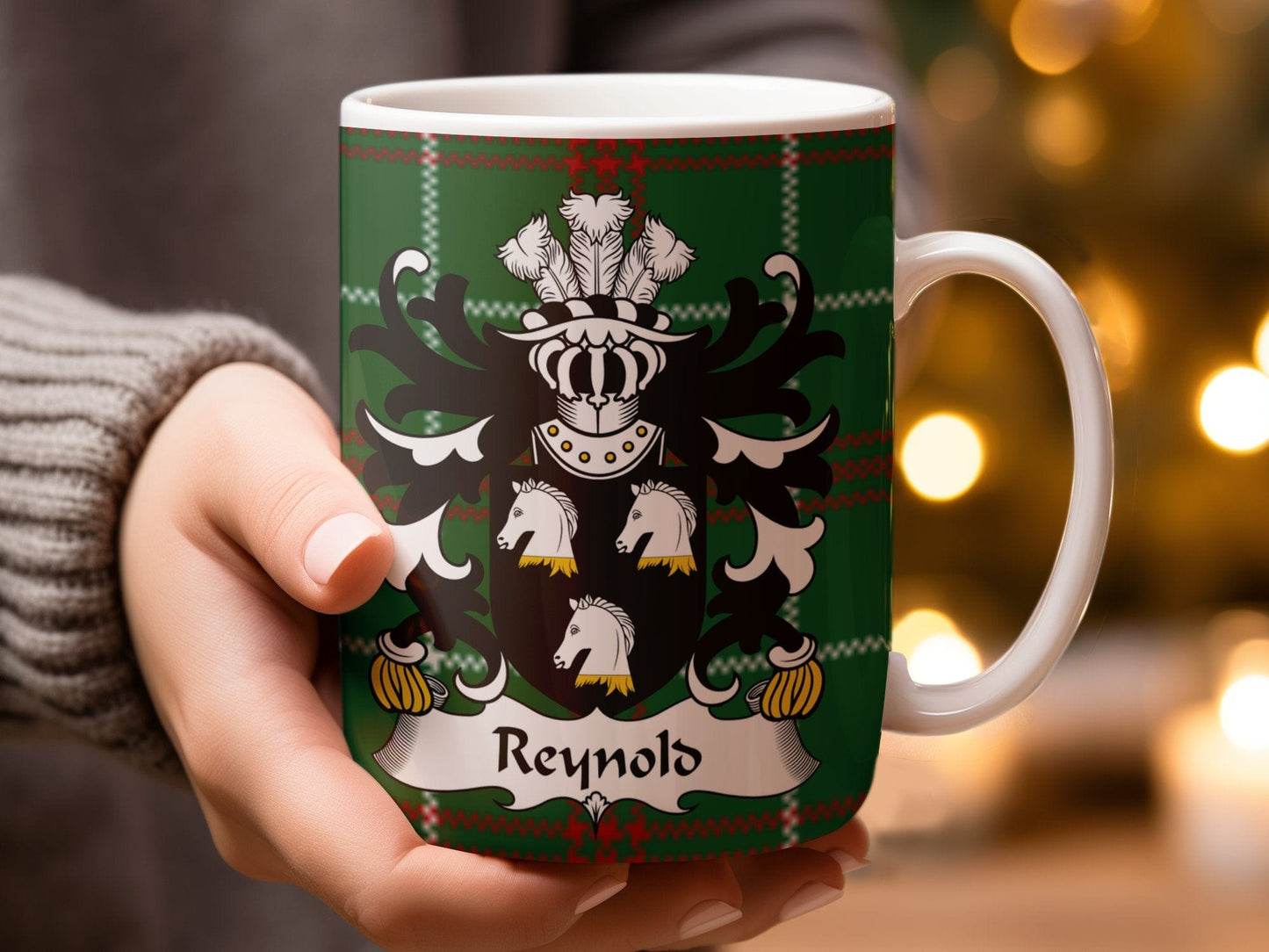 Physical Item Reynold Coat of Arms on Welsh Tartan Background Mug