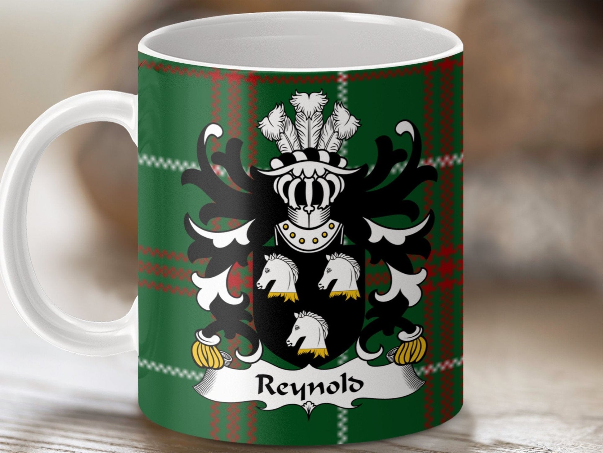 Physical Item Reynold Coat of Arms on Welsh Tartan Background Mug