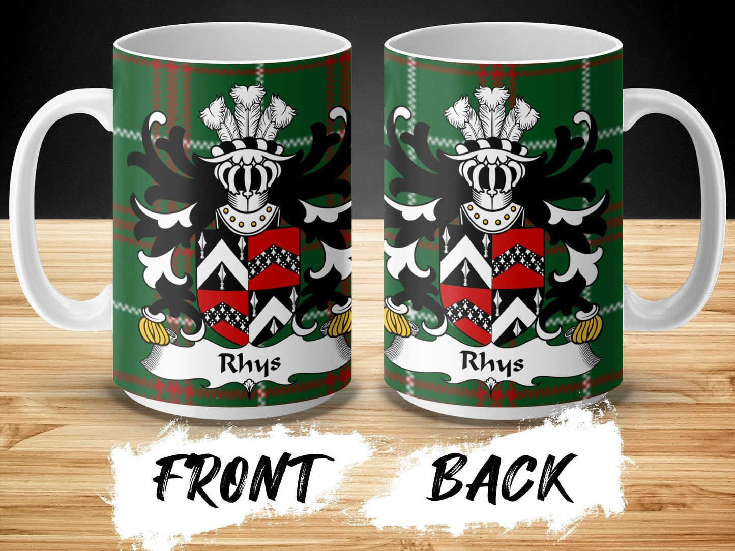 Physical Item Rhys Coat of Arms on Welsh National Tartan Background Mug