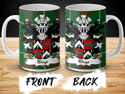 Physical Item Rhys Coat of Arms on Welsh National Tartan Background Mug