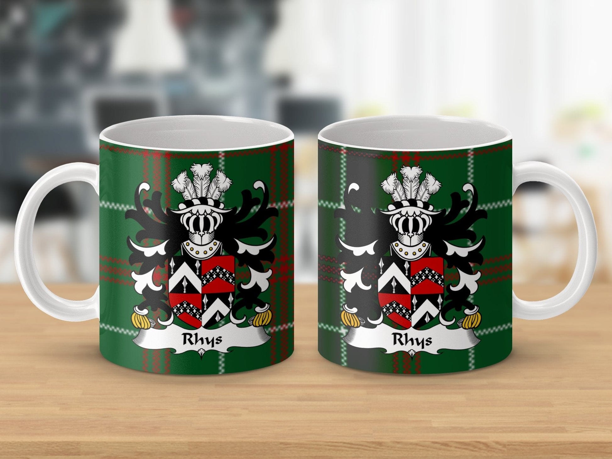 Physical Item Rhys Coat of Arms on Welsh National Tartan Background Mug