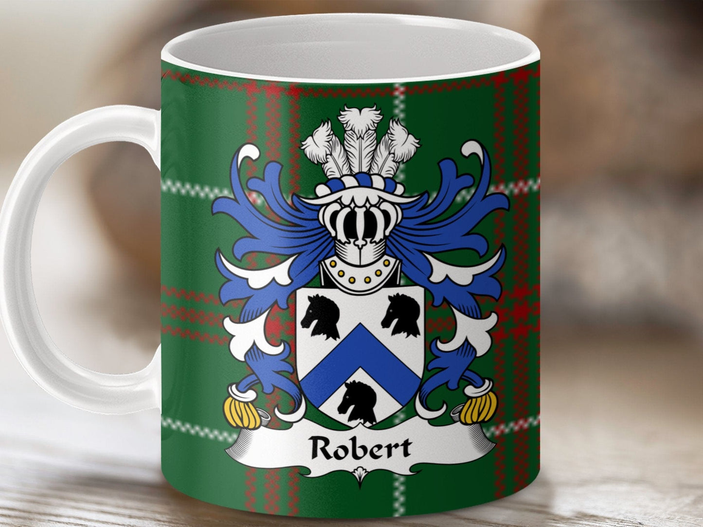 Physical Item Robert Welsh Surname Coat of Arms Tartan Background Mug