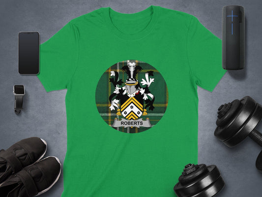 Physical Item Roberts Irish Surname Coat of Arms Tartan Background T-Shirt