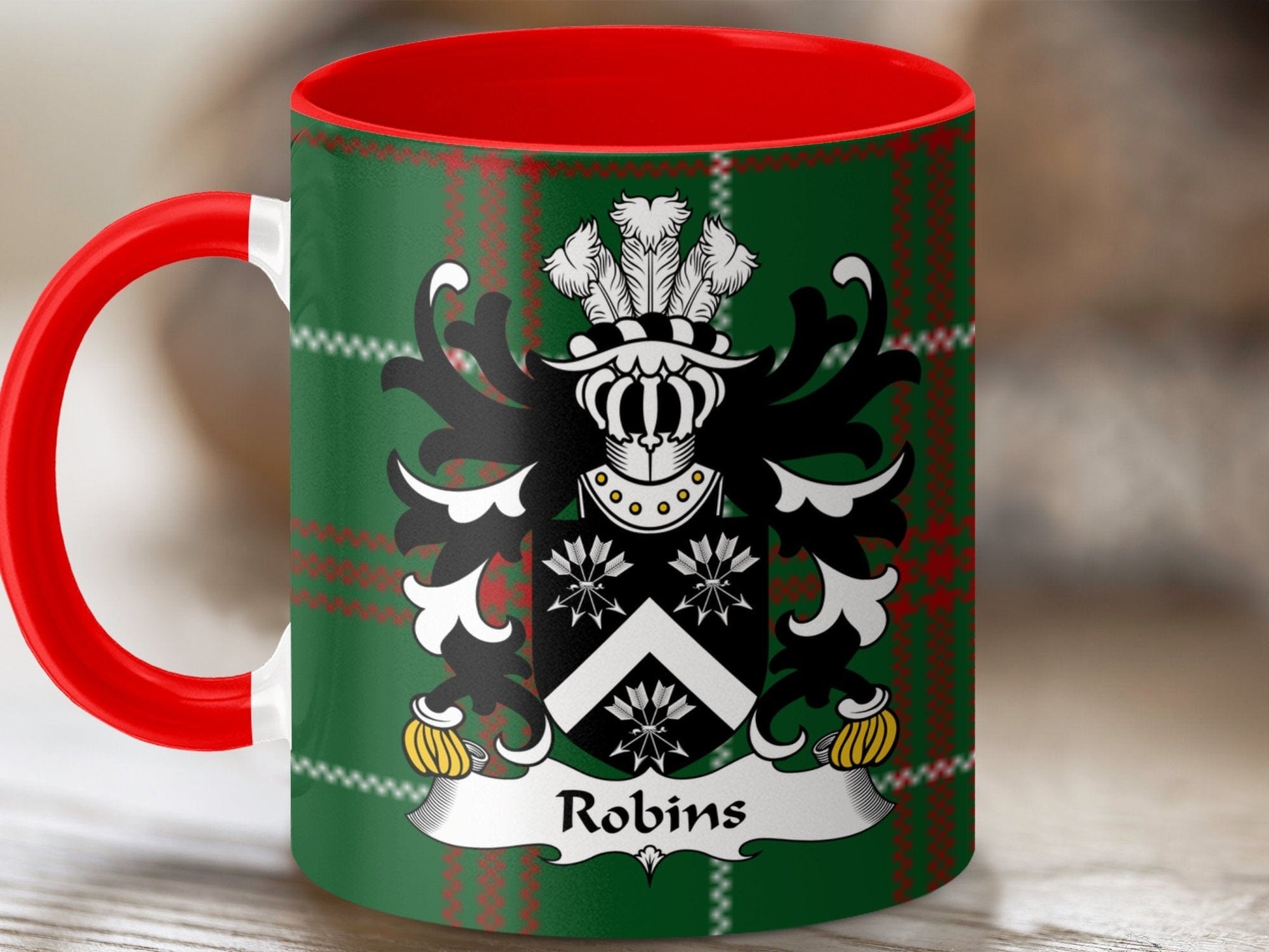 Physical Item Robins Coat of Arms on Welsh Tartan Design Mug