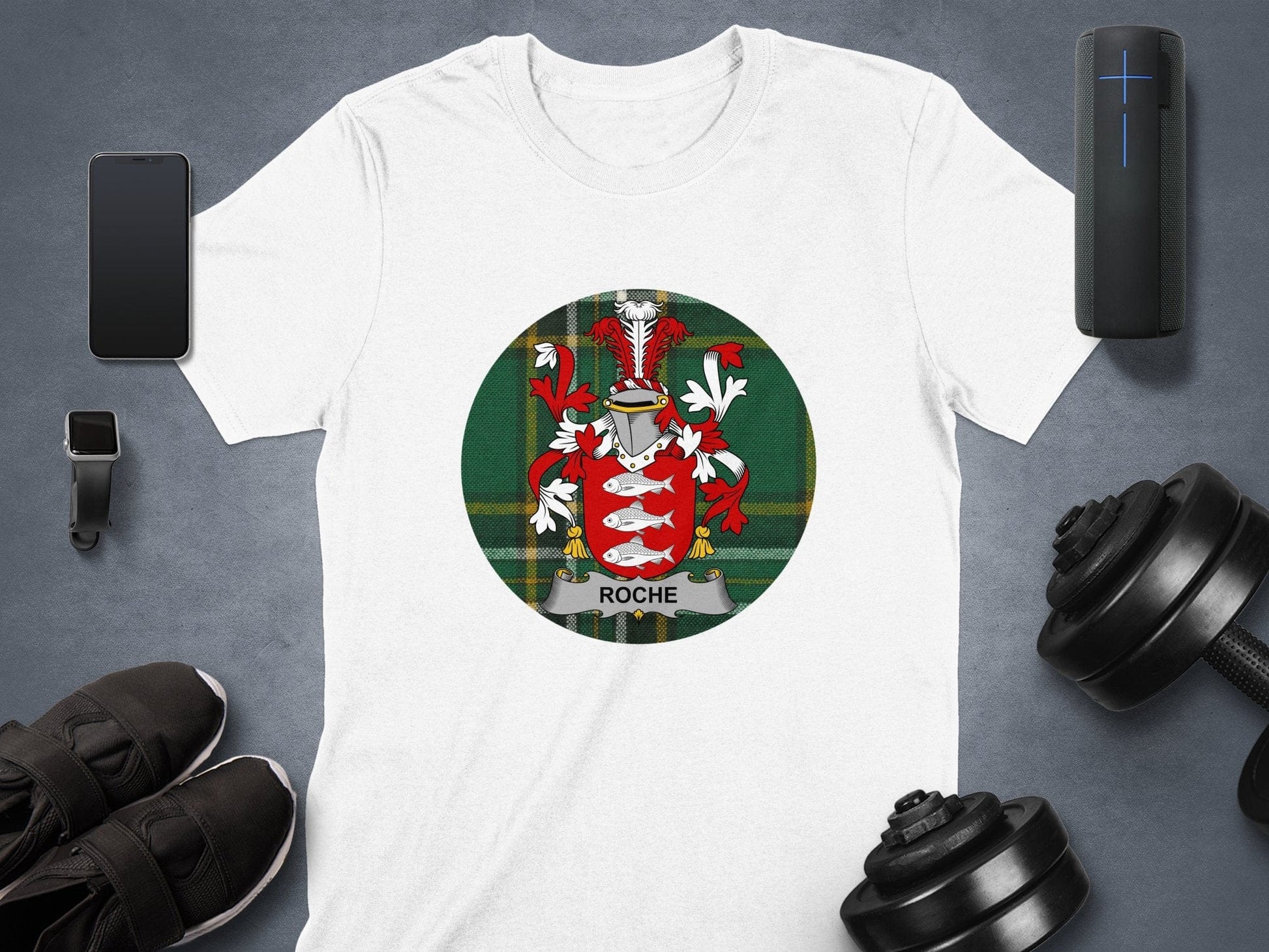 Physical Item Roche Coat of Arms Irish National Tartan T-Shirt