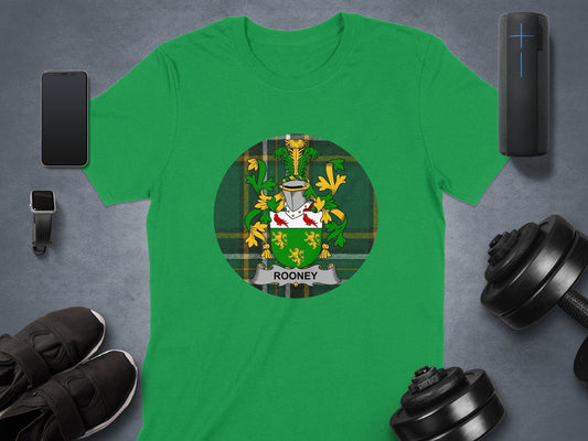 Physical Item Rooney Irish National Tartan Background Coat of Arms T-Shirt