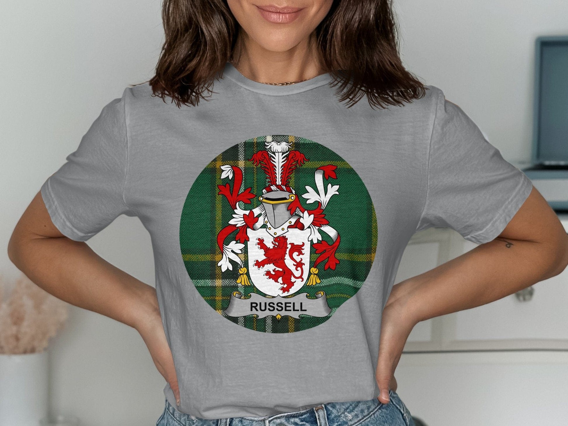 Physical Item Russell Irish Surname Coat of Arms Tartan Background T-Shirt