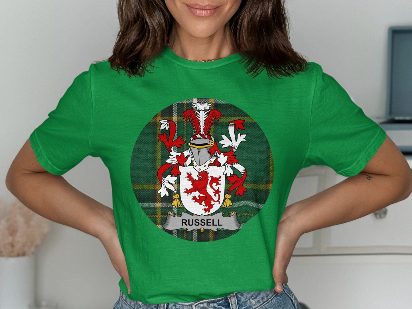 Physical Item Russell Irish Surname Coat of Arms Tartan Background T-Shirt