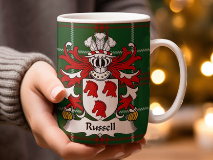 Physical Item Russell Surname Coat of Arms on Welsh Tartan Mug