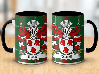 Physical Item Russell Surname Coat of Arms on Welsh Tartan Mug