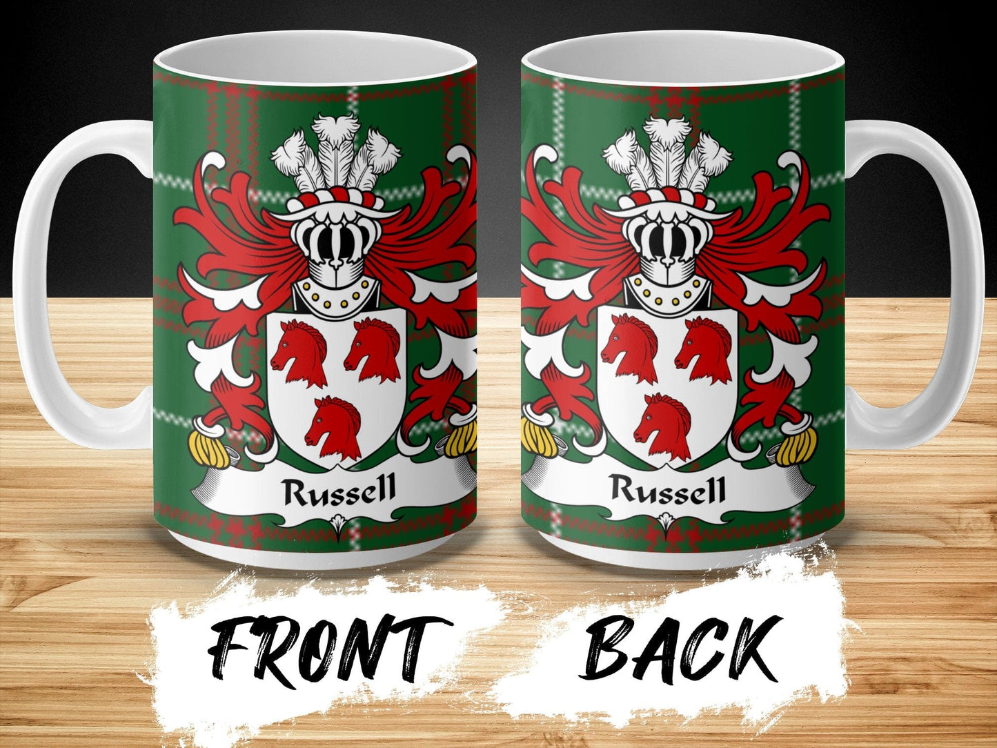 Physical Item Russell Surname Coat of Arms on Welsh Tartan Mug