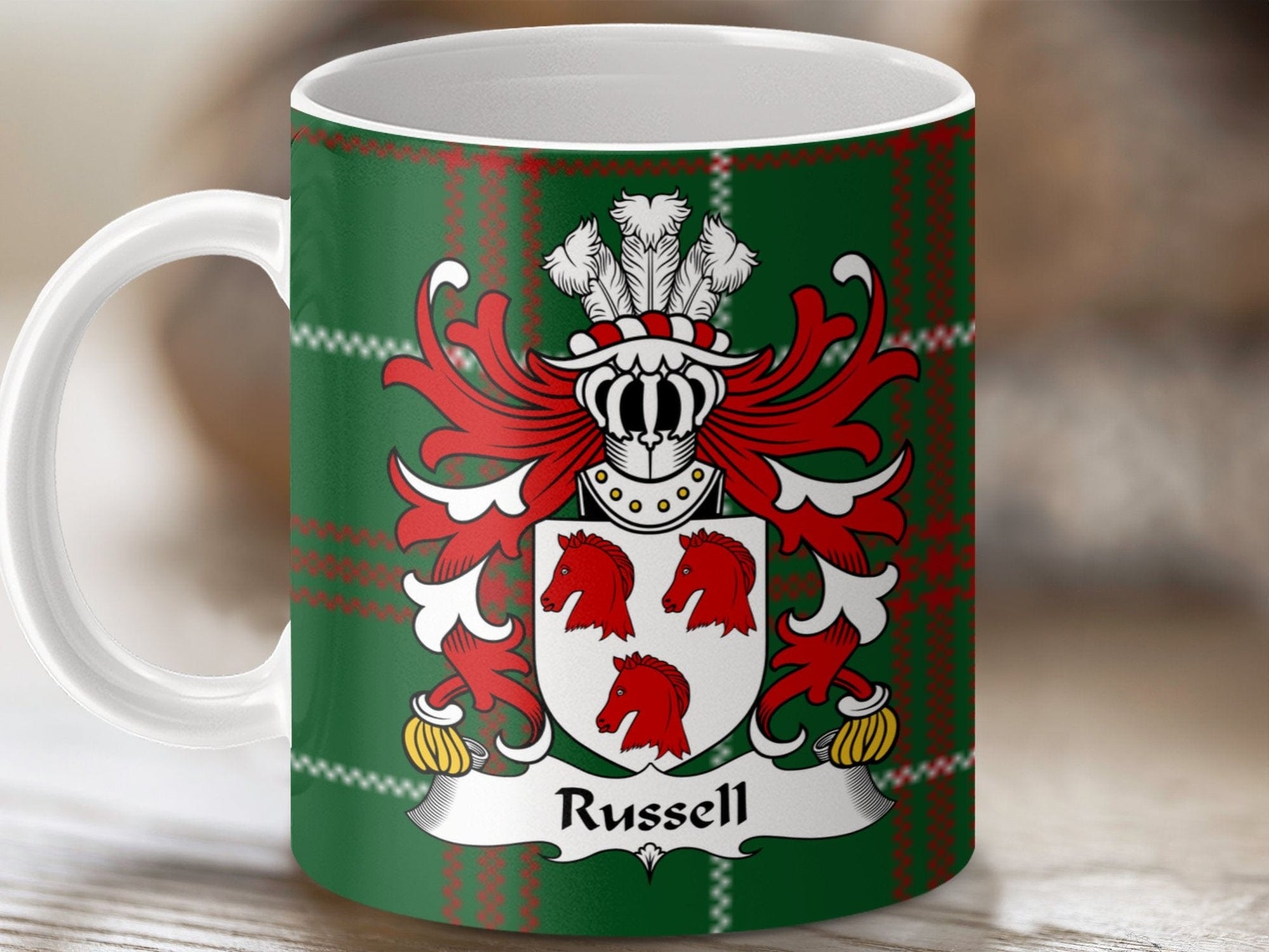 Physical Item Russell Surname Coat of Arms on Welsh Tartan Mug