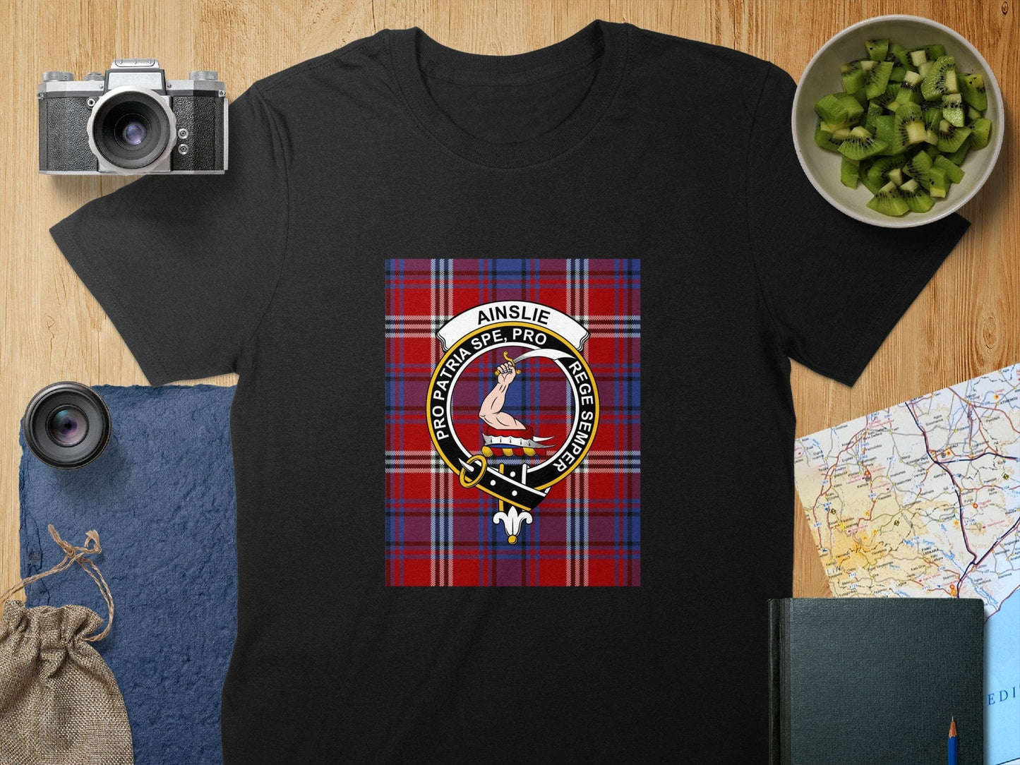 Physical Item S / Black Ainslie Clan Scottish Tartan Crest Unisex T-Shirt