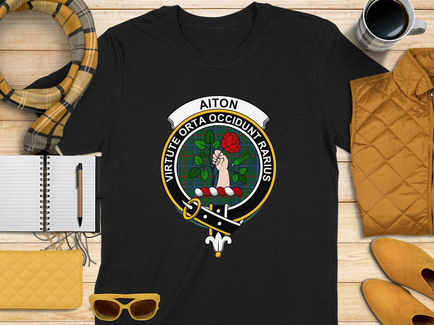 Physical Item S / Black Aiton Clan Scottish Tartan Crest T-Shirt