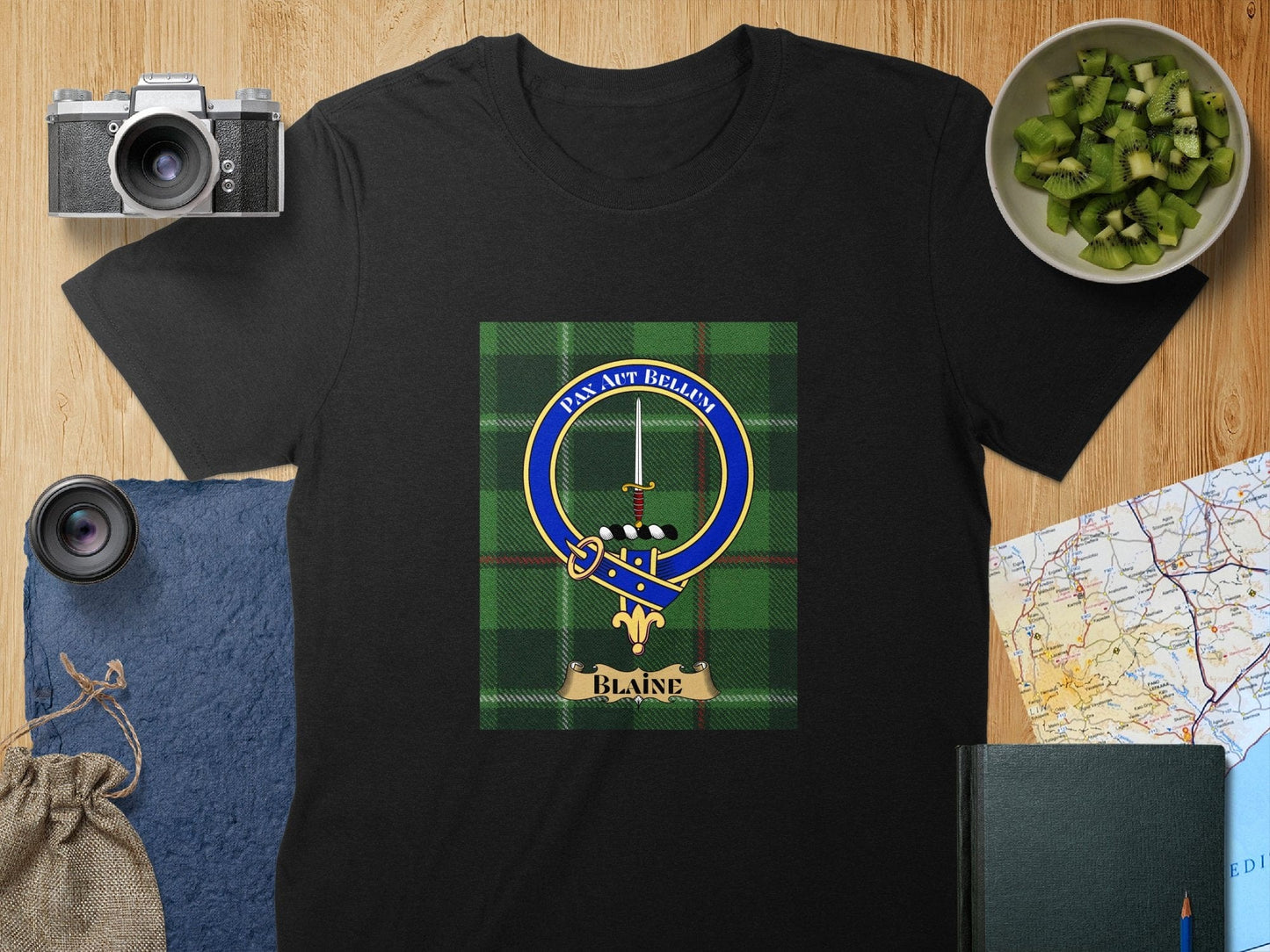 Physical Item S / Black Blaine Clan Scottish Tartan Crest Unisex T-Shirt