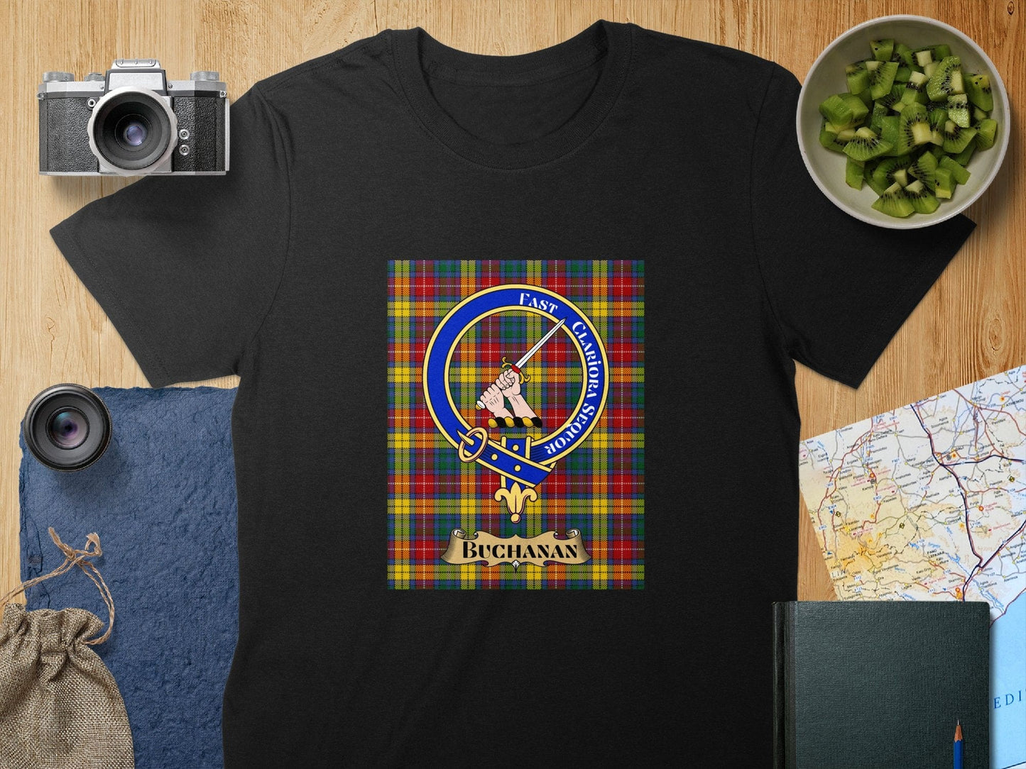 Physical Item S / Black Buchanan Clan Scottish Tartan Crest Unisex T-Shirt