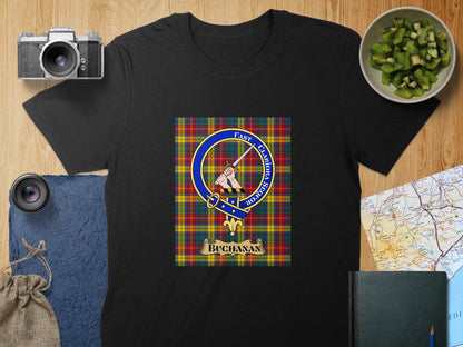 Physical Item S / Black Buchanan Clan Scottish Tartan Crest Unisex T-Shirt