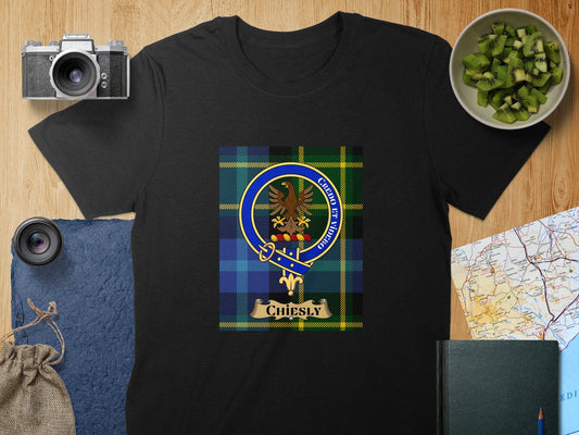 Physical Item S / Black Chiesly Clan Scottish Tartan Crest Unisex T-Shirt