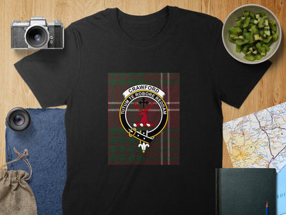 Physical Item S / Black Crawford Clan Scottish Tartan Crest Unisex T-Shirt