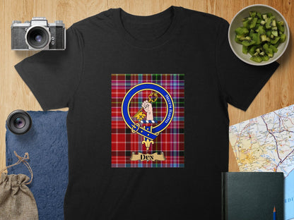 Physical Item S / Black Dun Clan Crest Scottish Tartan Background Unisex T-Shirt