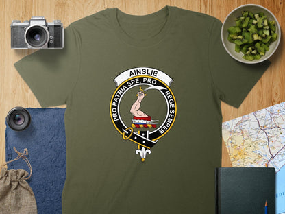 Physical Item S / Military Green Ainslie Clan Crest Scottish Unisex T-Shirt