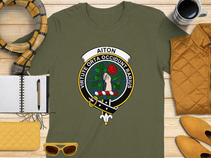 Physical Item S / Military Green Aiton Clan Scottish Tartan Crest T-Shirt