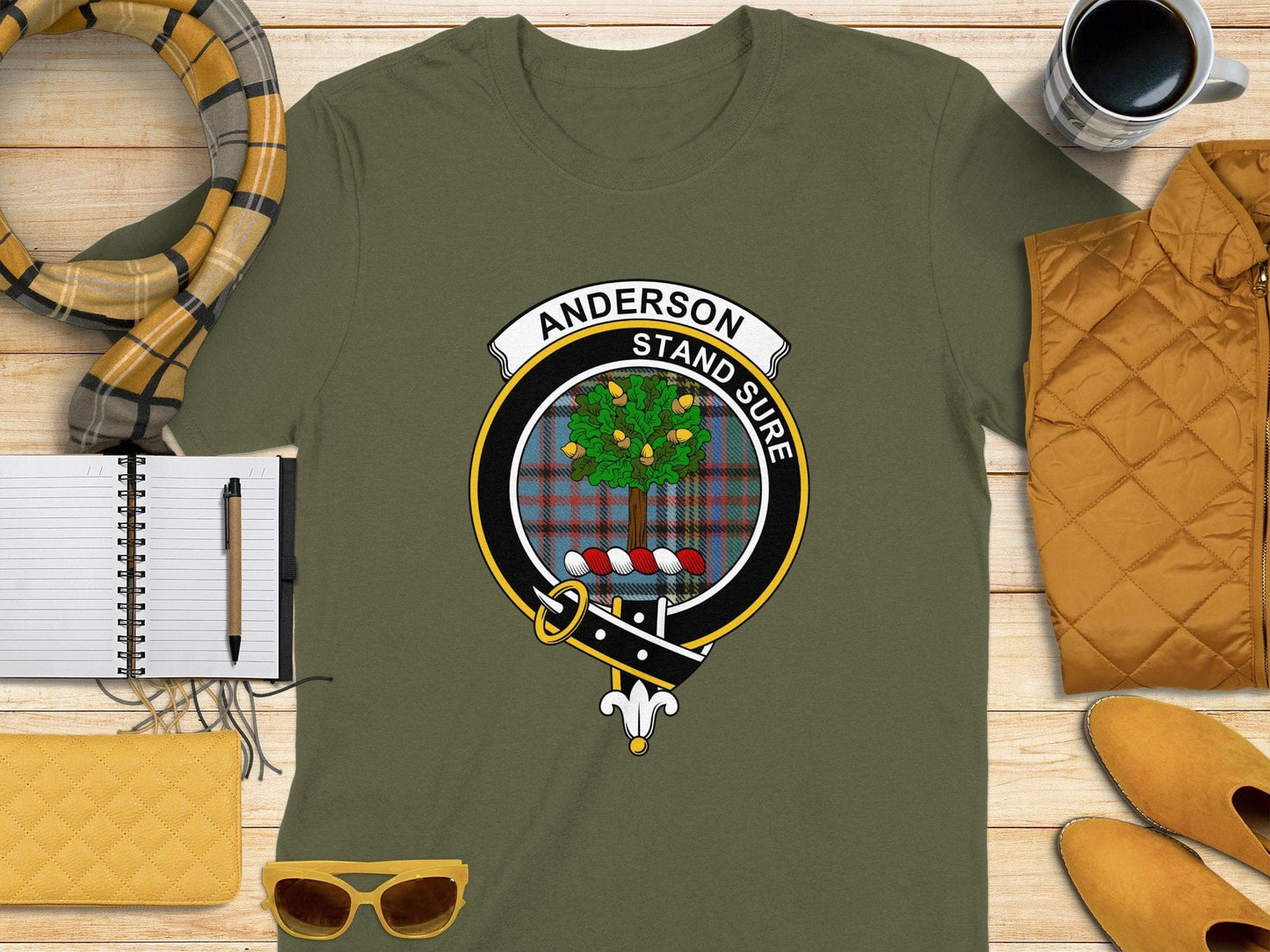 Physical Item S / Military Green Anderson Clan Scottish Tartan Crest T-Shirt