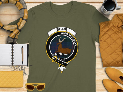 Physical Item S / Military Green Blair Clan Scottish Tartan Crest T-Shirt