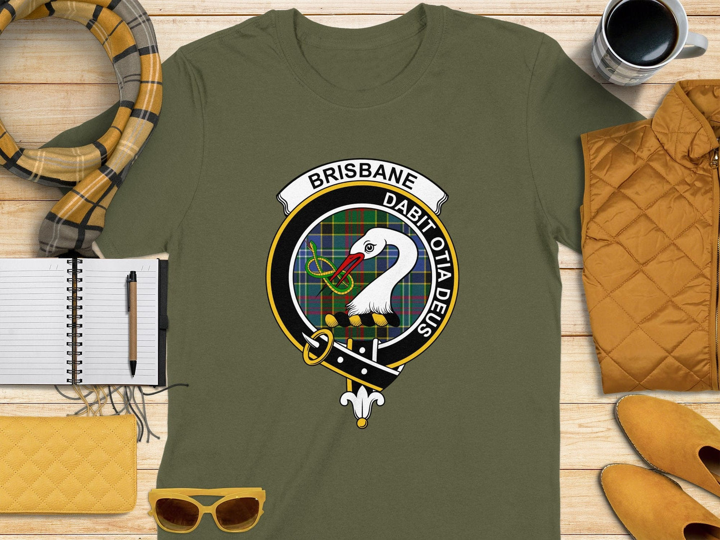 Physical Item S / Military Green Brisbane Clan Scottish Tartan Crest T-Shirt