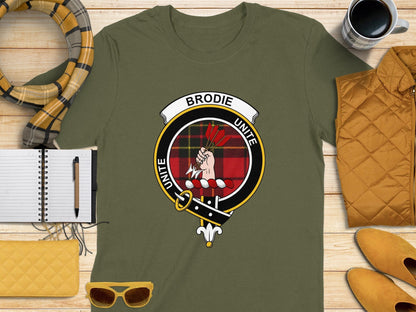 Physical Item S / Military Green Brodie Clan Scottish Tartan Crest T-Shirt