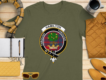 Physical Item S / Military Green Hamilton Clan Scottish Tartan Crest T-Shirt